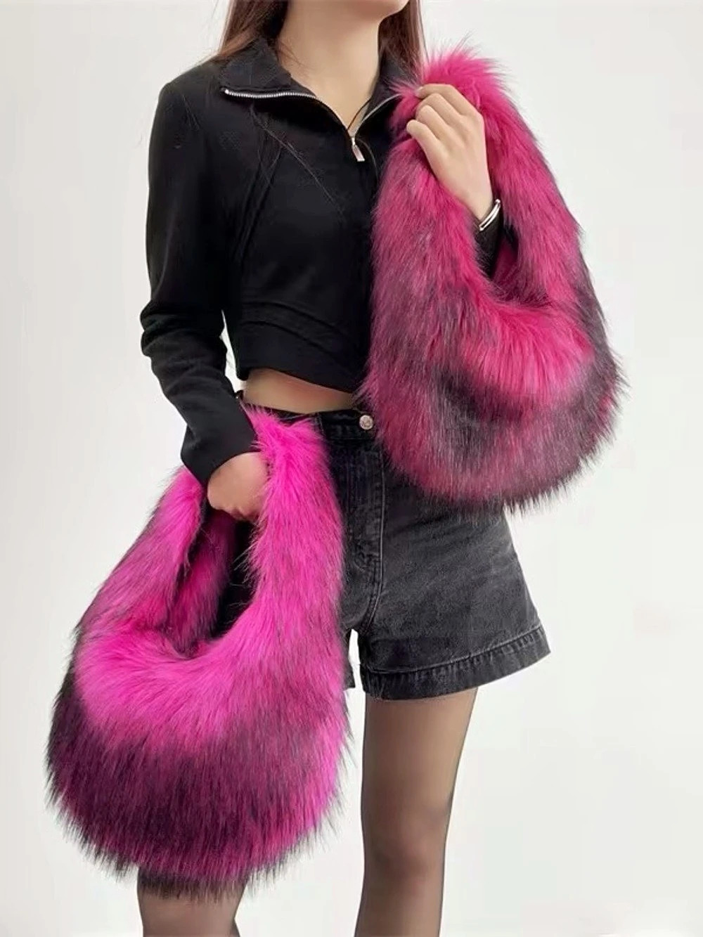 Faux Fur Hobo Bag in Pink & Black! 1 IN STOCK